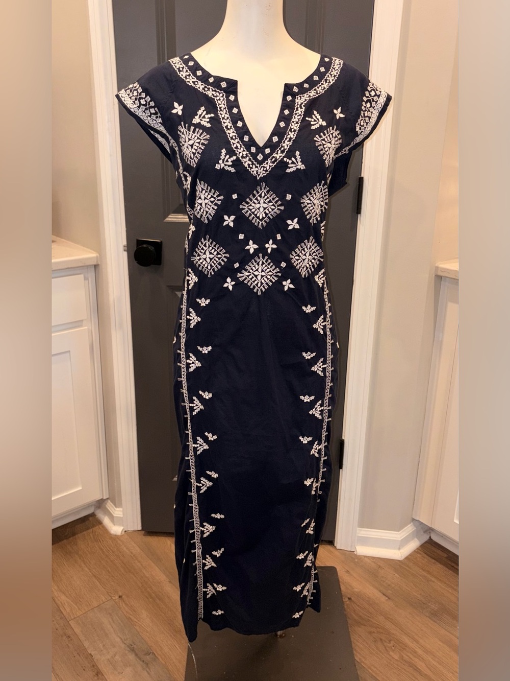 Madison Mathews Embroidered Navy Long  Dress with Cap Sleeves